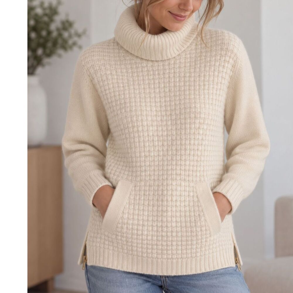 Talbots Pure Cashmere Sweater M Butter Yellow Turtleneck Waffle Knit Pocket